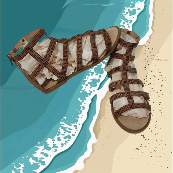 Lucky Brand Beverlee 7.5 Tan Greek Key Leather Flat Gladiator Sandals Cusion - Picture 2 of 9